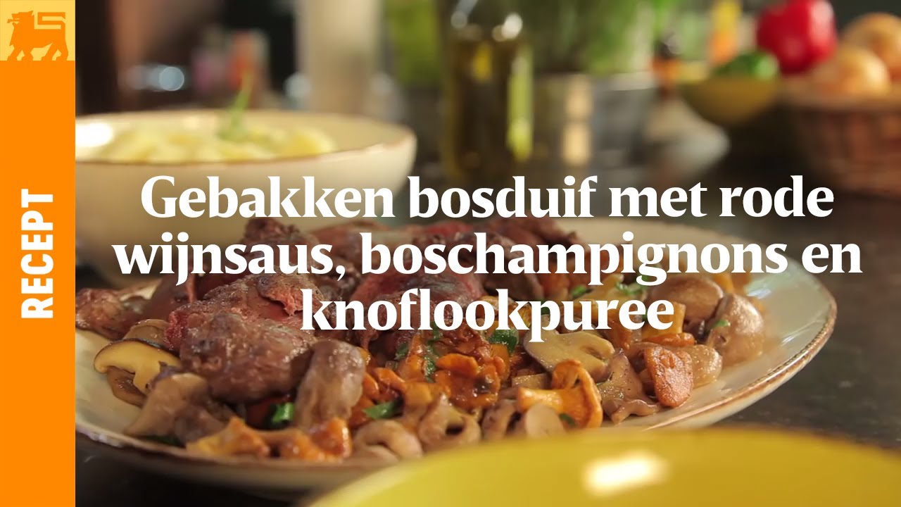 Gebakken bosduif met rode wijnsaus, gemengde boschampignons en knoflookpuree