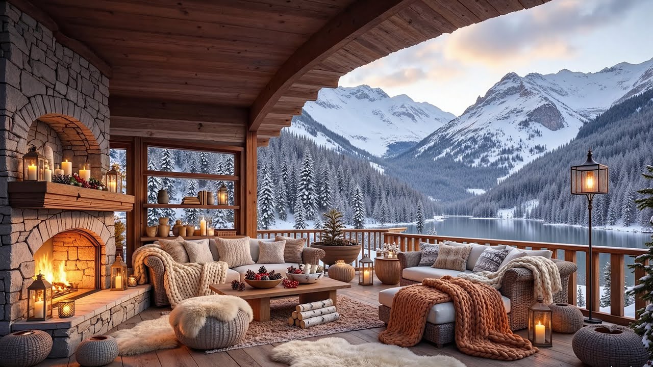 Winter Lakeside Porch with Fireplace Ambience ⛄🔥 Relaxing Piano Instrumental Music for Deep Focus