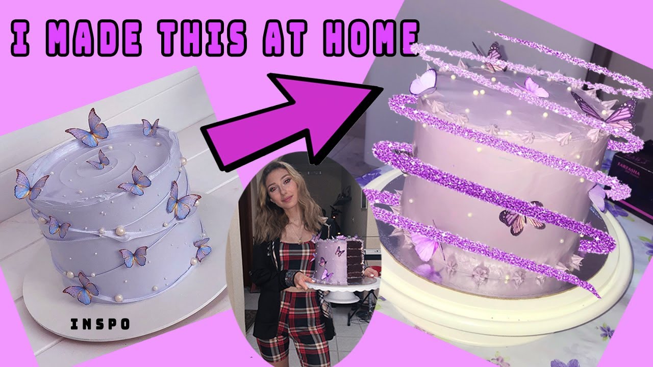 BIRTHDAY CAKE FROM SCRATCH : Minimalist purple butterfly cake at HOME / simple and yummy