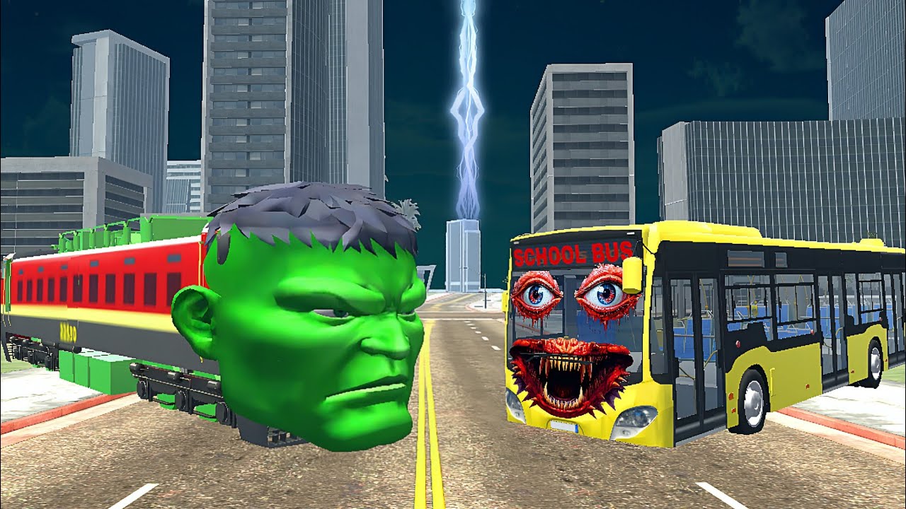 Haunted School Bus vs Green Hulk Train - Indian Bikes Driving 3D Game 