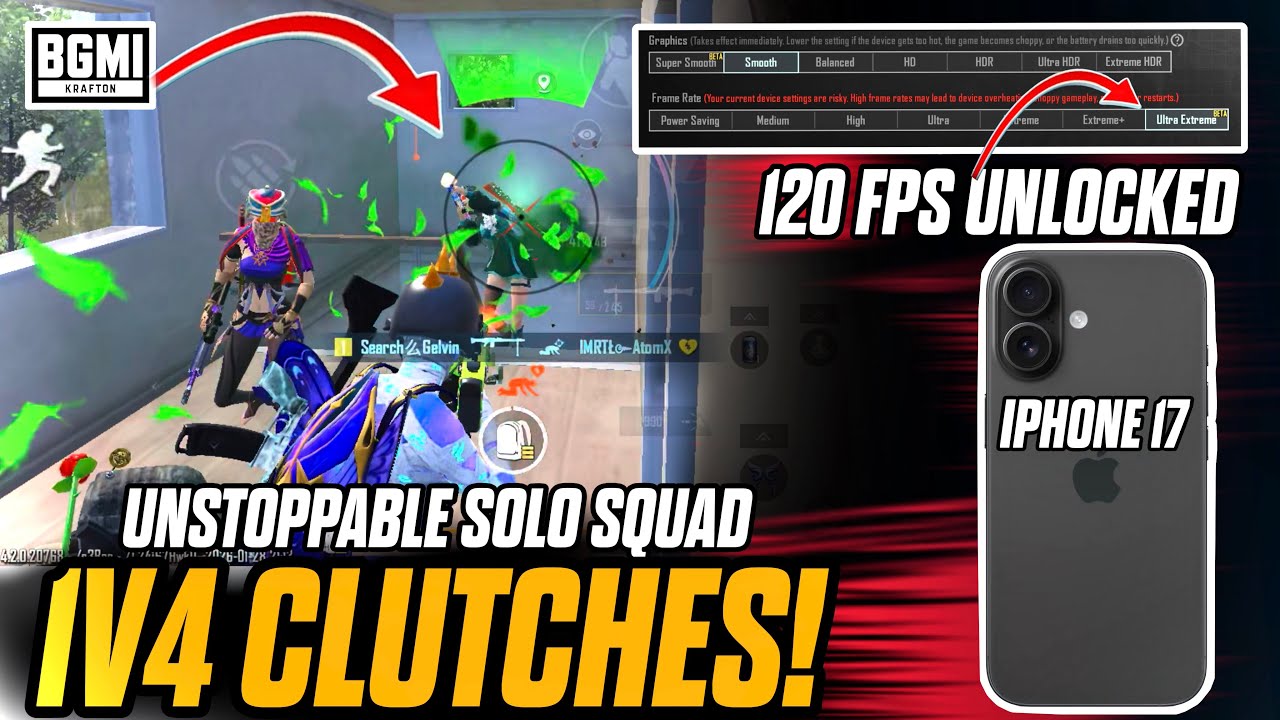 iPhone 17 + 120 FPS = UNSTOPPABLE! 1v4 Solo vs Squad (BGMI 4.2 Update) (Gelvin Bgmi)