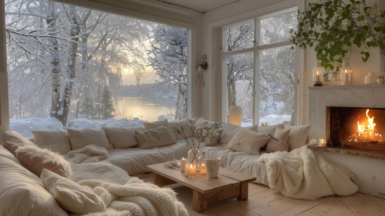 Cozy Lake Cabin in Winter ❆Relaxing Piano, Crackling Fireplace & Falling Snow for Work