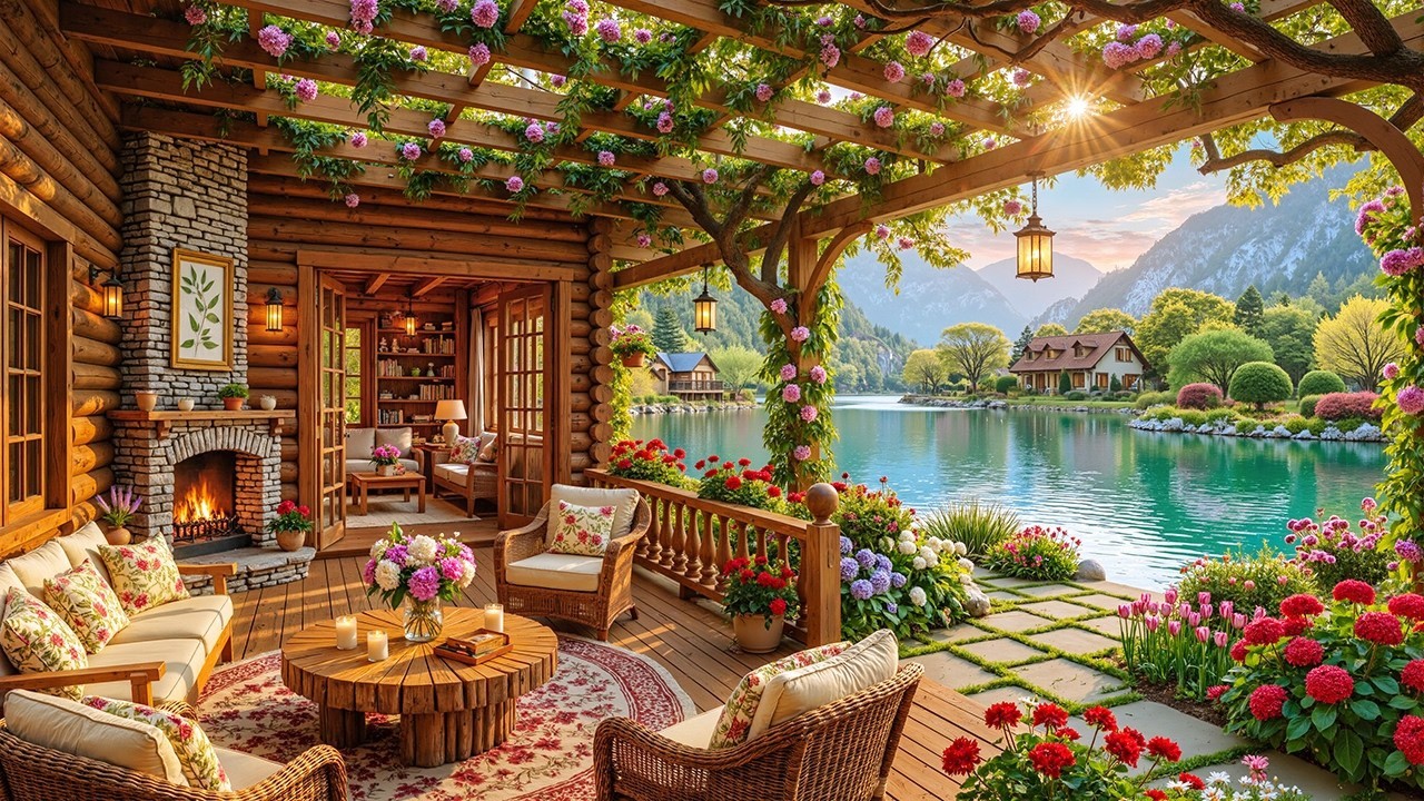 Fresh Spring Morning Jazz for Stress Relief | Crackles Fire Pit Ambience & Warm Lakeside Porch