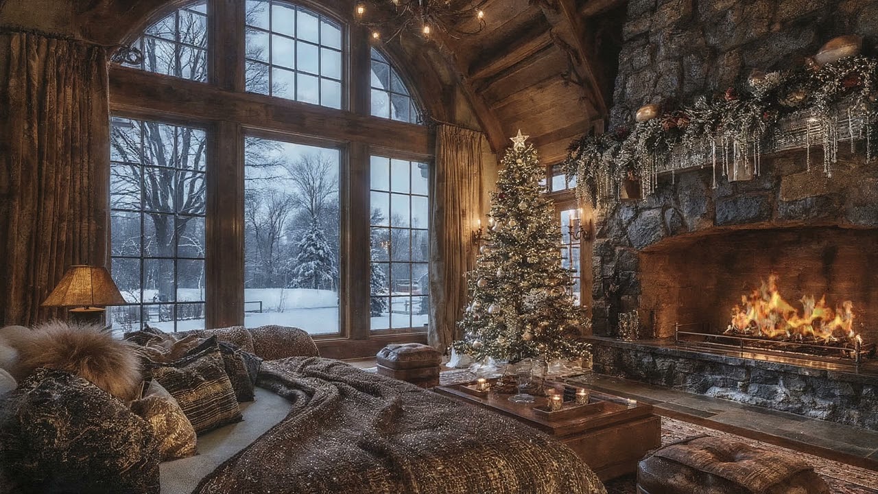 Rustic Cozy Christmas Cabin Ambience 🎄🔥 Crackling Fireplace Sounds in a Snowy Winter Cabin | 4 Hours