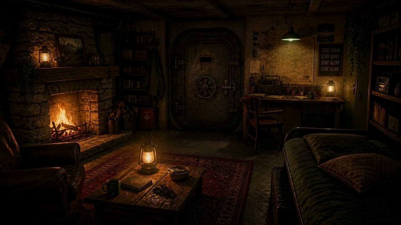 Survival Bunker Ambience | Stone Fireplace, Lantern Light & Low Shelter Hum | Safehouse at Night