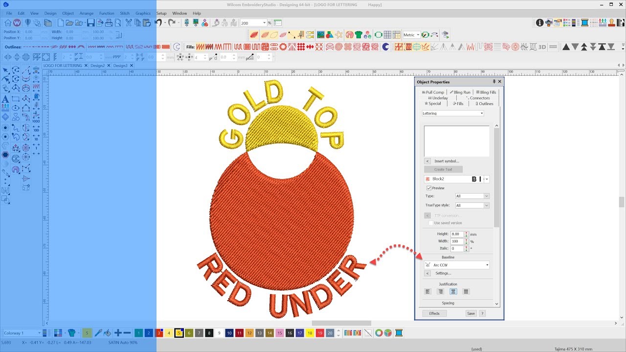 How do I create embroidery lettering on a curve