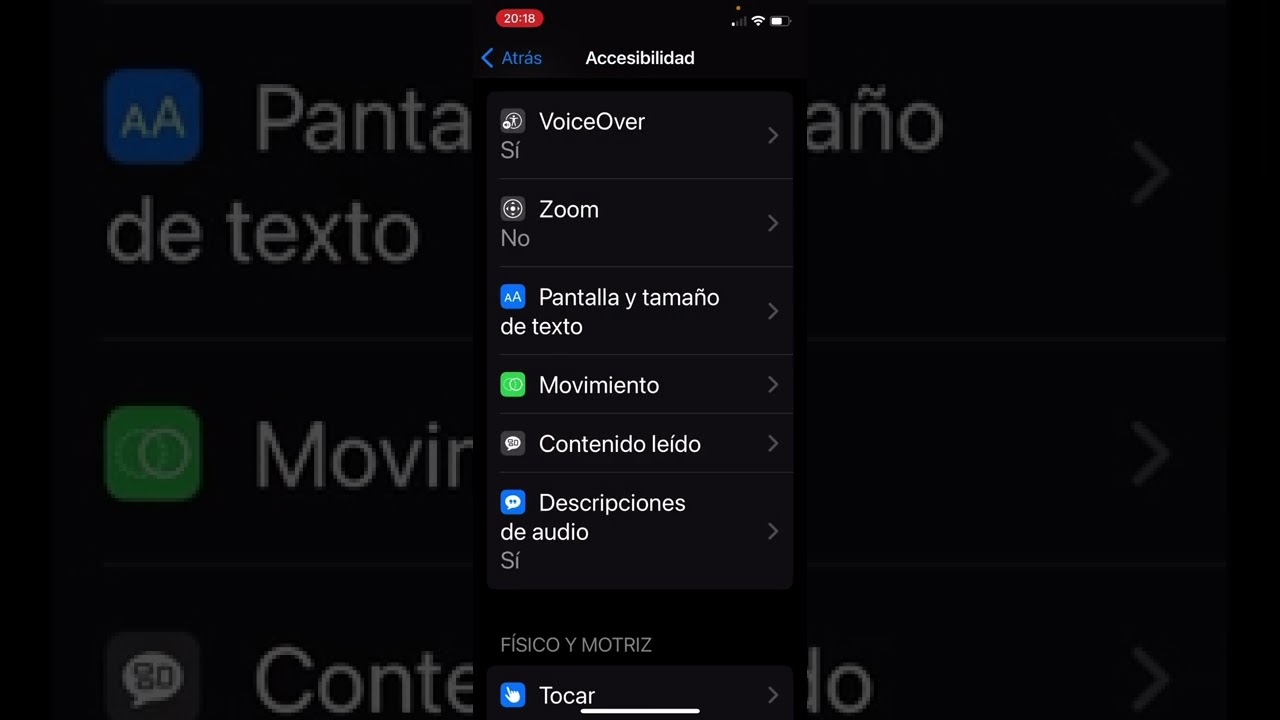 Presentación de opciones de accesibilidad en un dispositivo con sistema operativo iOS