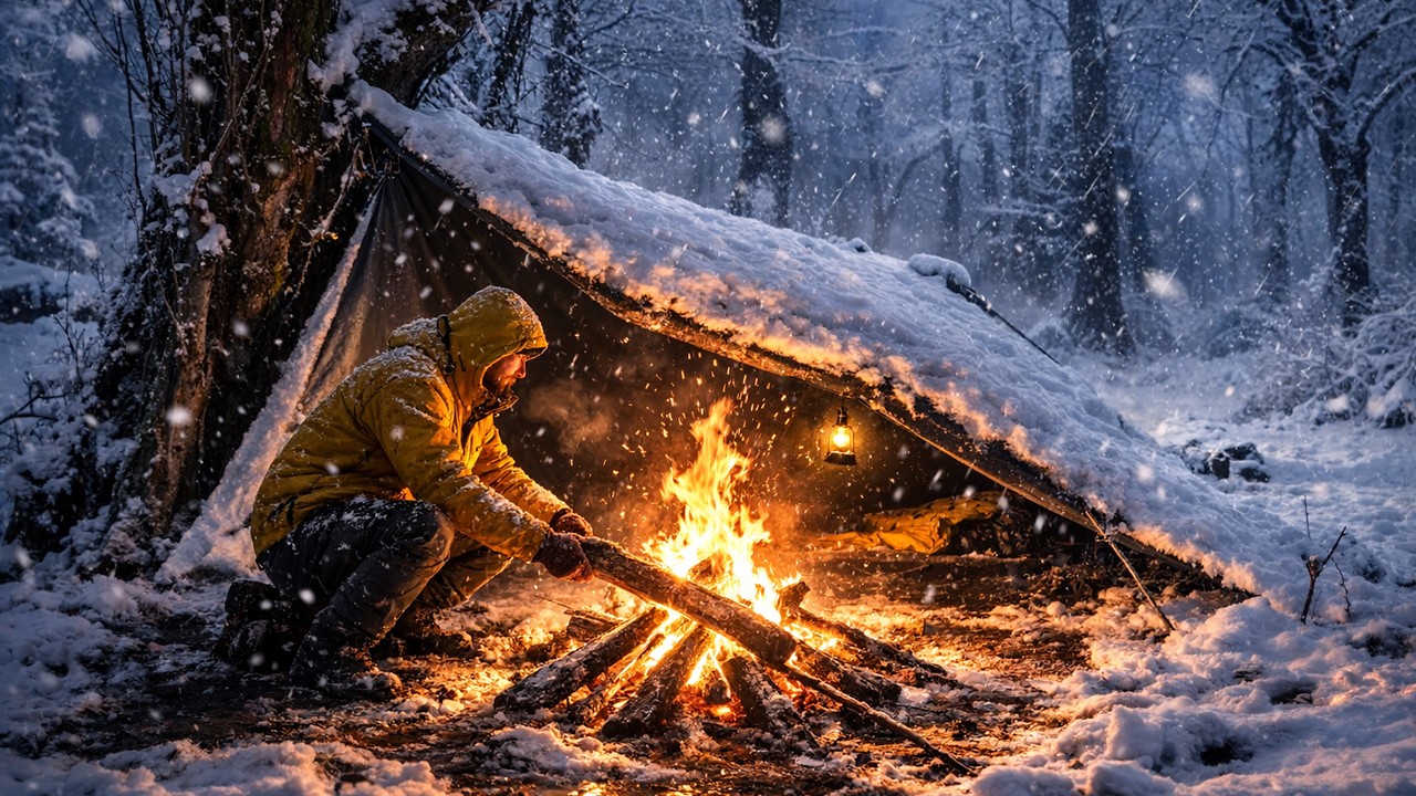 Winter camping in dangerous blizzard conditions