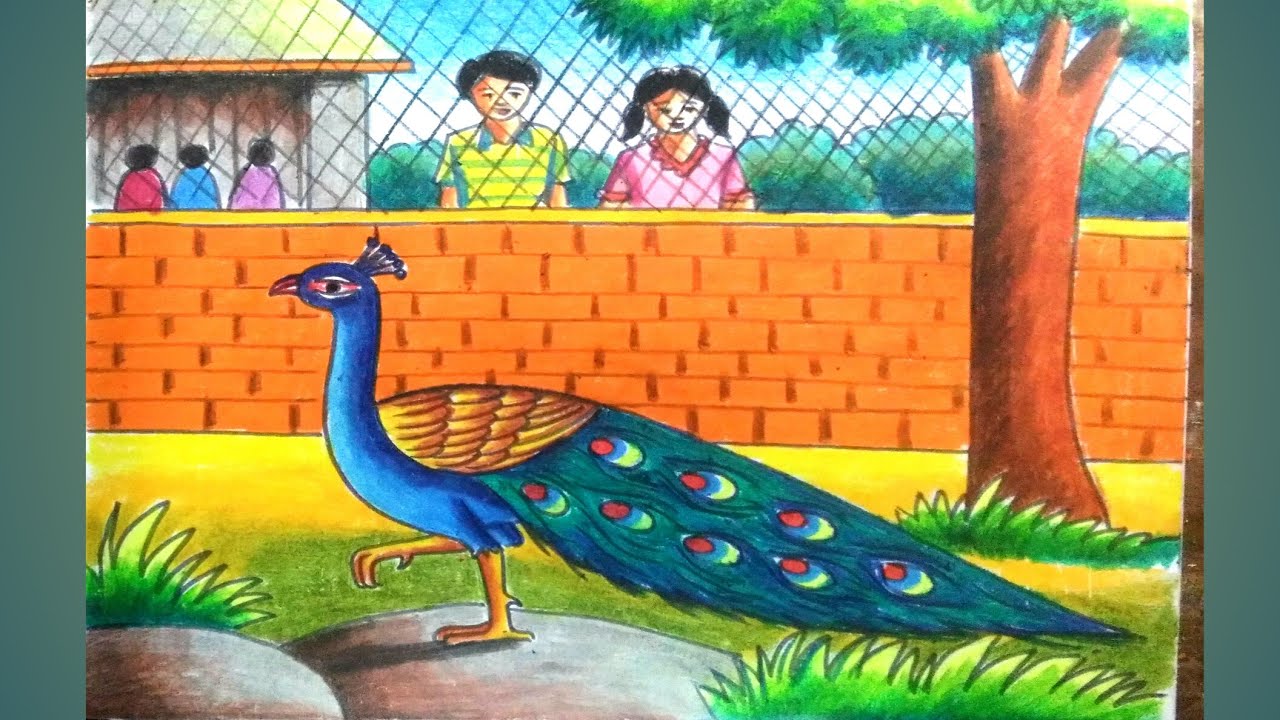 How to draw zoo scenery step by step / Zoo scenery drawing easy