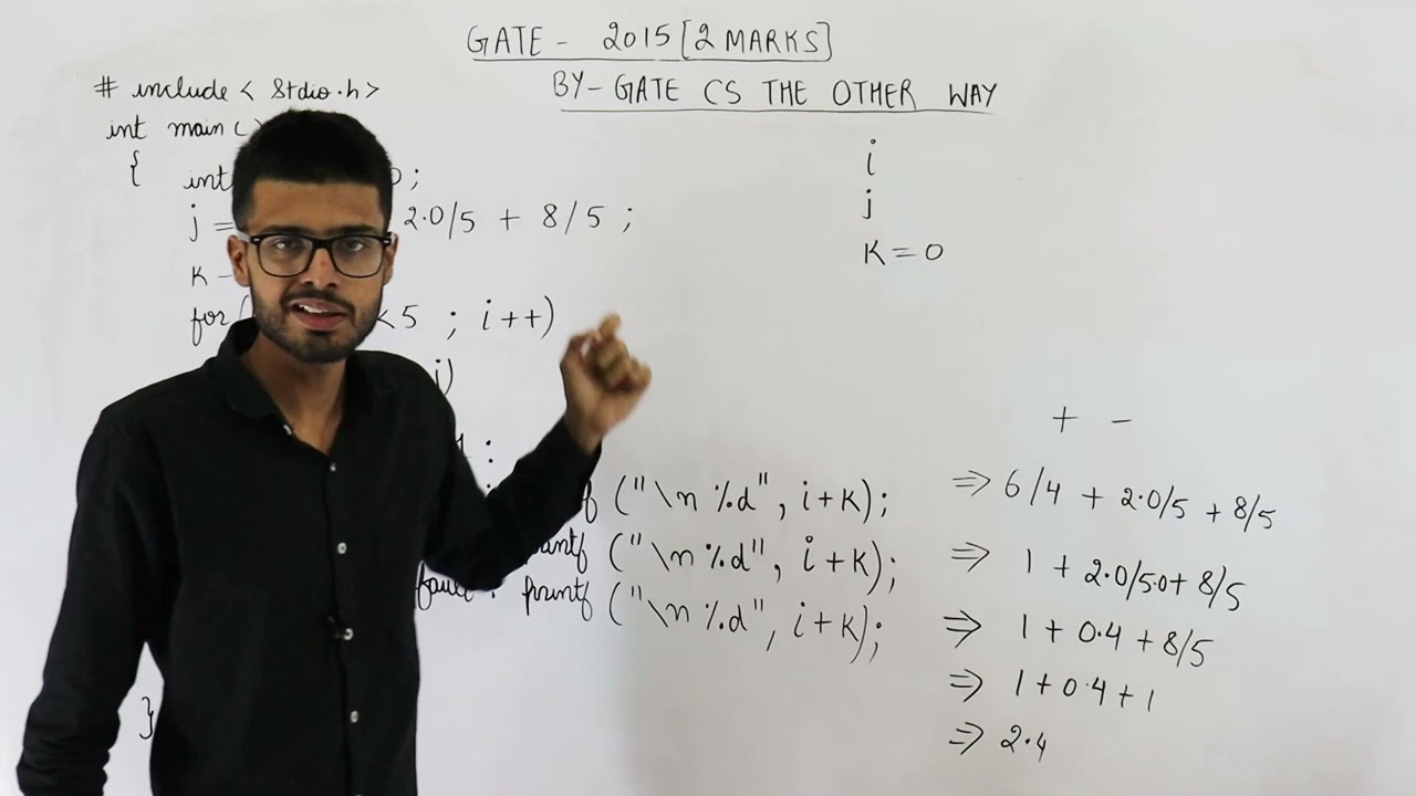Gate 2015 pyq C Programming | Consider the C program: int main(){int i, j, k = 0; j=2*3/4+2.0/5+8/5;