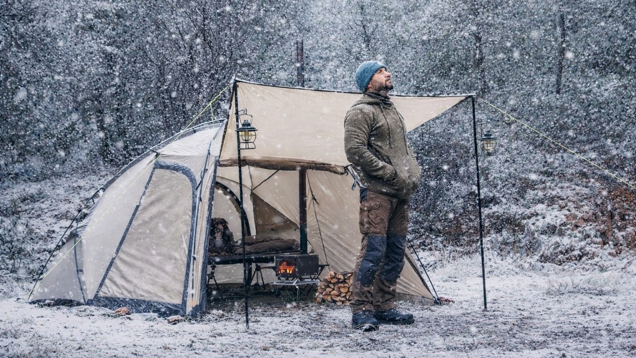 Solo Camping in Rain with My Dog . Morning Snow . Hot Tent Wood Stove ASMR
