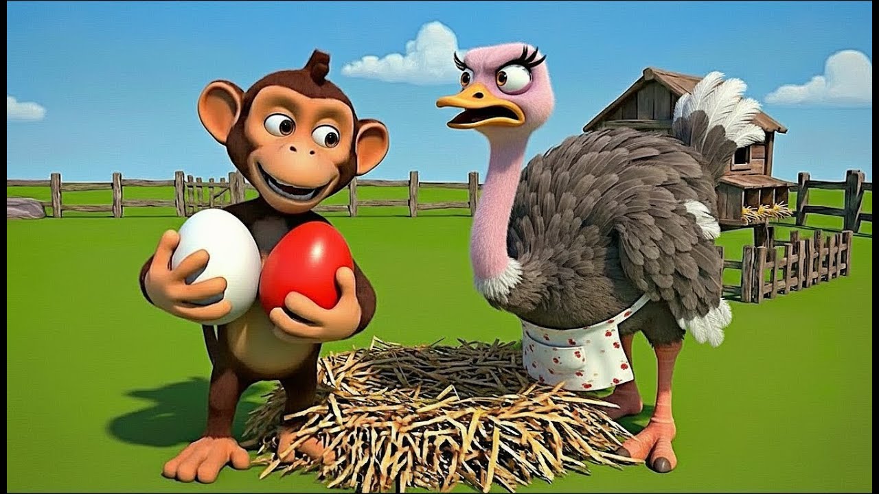 Old MacDonald’s Farm:  Naughty Monkey Steals Ostrich Eggs & Police Ostrich Chicks Saved 🐒🐦💛