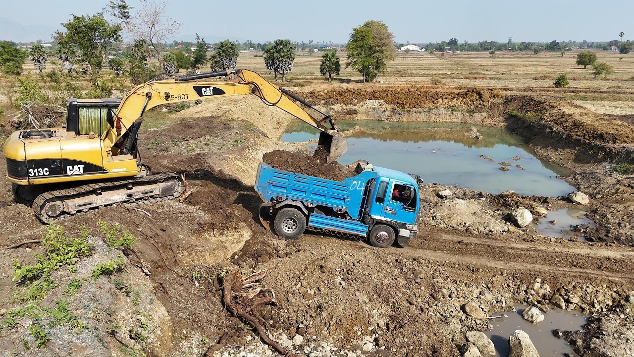 CAT 313C Excavator Digging Pond & Loading Dump Truck  Real Site Work