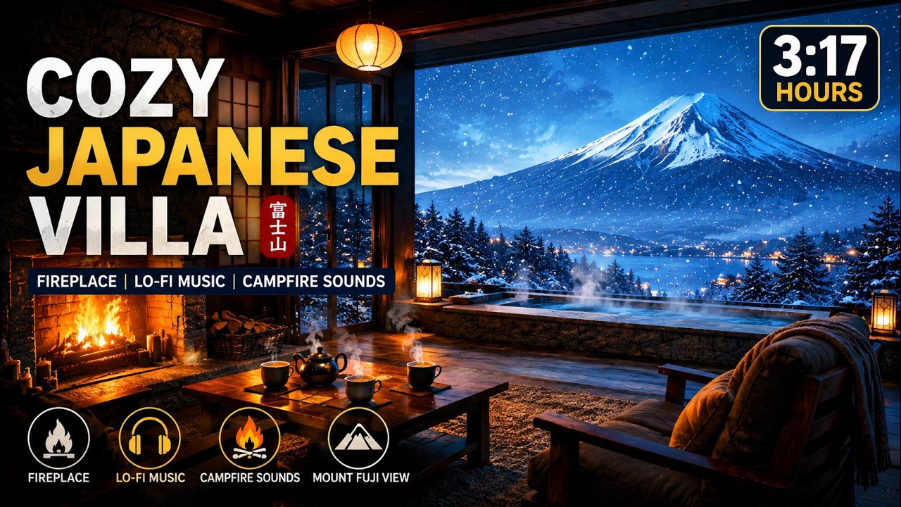 🔥 Cozy Japanese Villa with Fireplace  | 🎧Lo-Fi Music, Campfire Sounds & Mount Fuji View