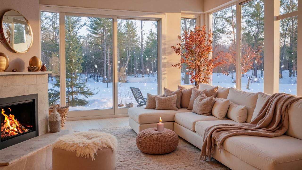🎹 Relaxing Winter Piano & Fireplace Ambience | Snow Falling Outside the Window in a Cozy White Room