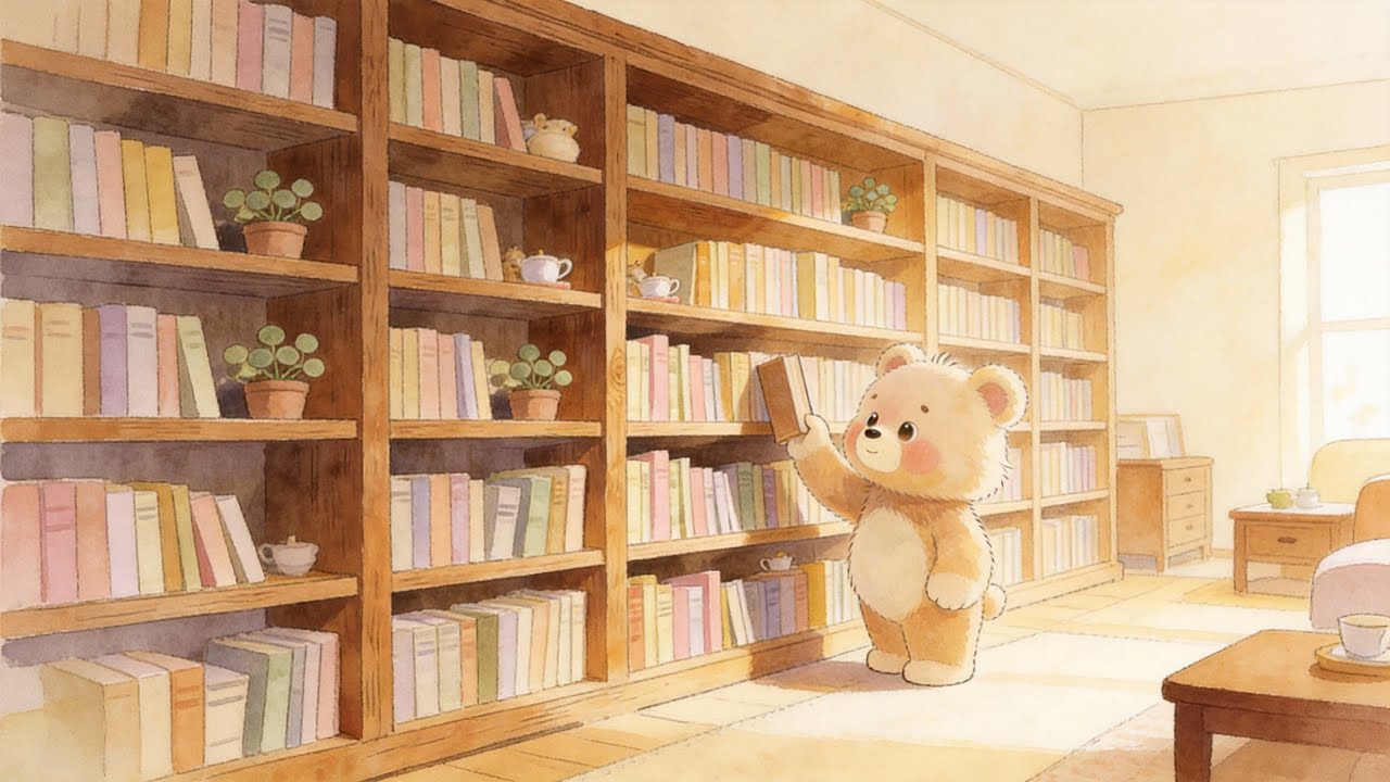 Peaceful Time in the Library with Bear Exploring Books 📚 Gentle Background Music 🤍