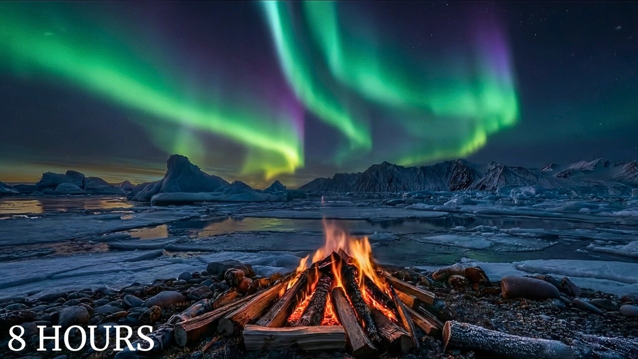 8 Hours Arctic Winter Campfire | Crackling Fire & Dancing Northern Lights for Deep Sleep