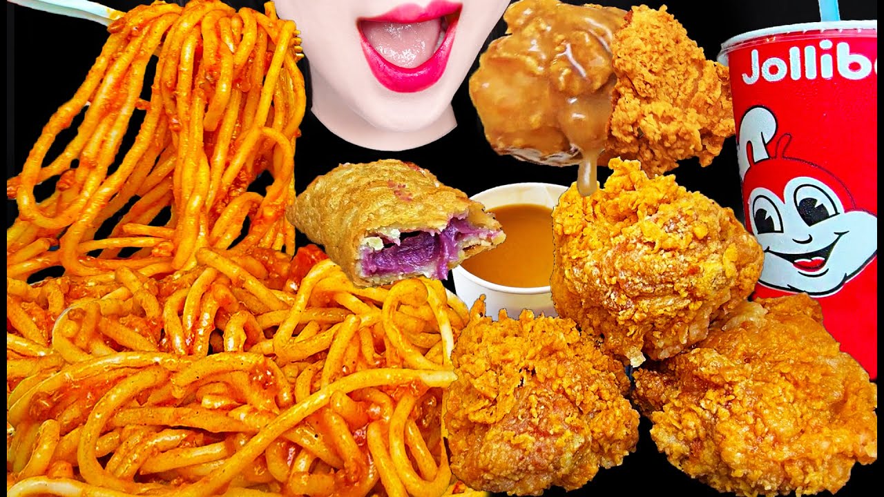 ASMR Jollibee Chicken Spaghetti 미국 졸리비 치킨 스파게티 먹방 Mukbang, Eating