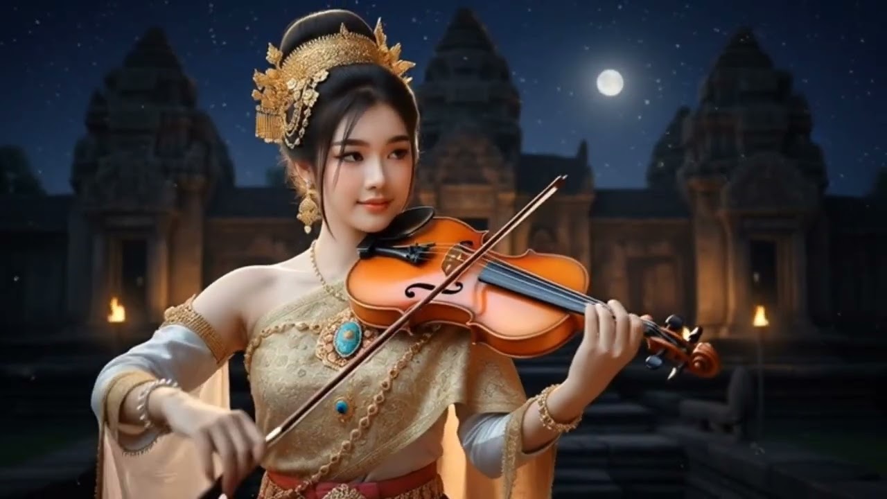 Playing violin music under the moonlight.