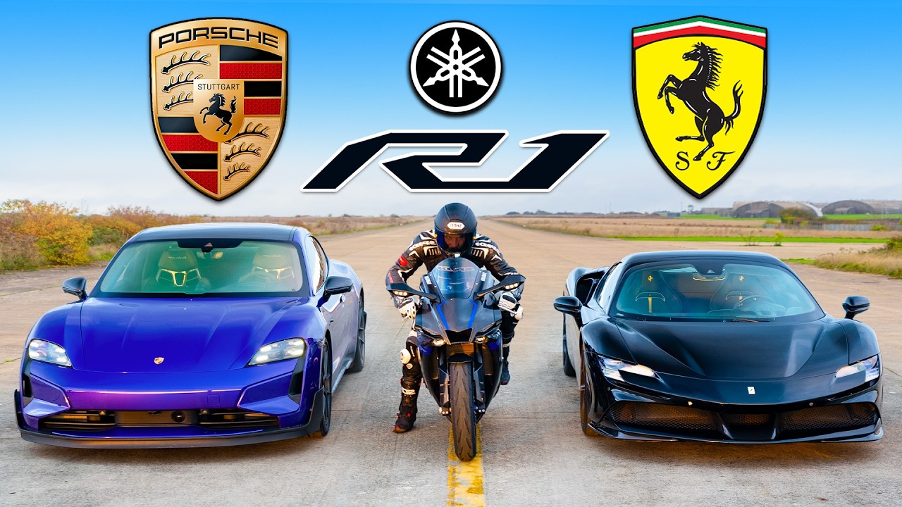 Porsche Taycan Turbo GT v Ferrari SF90 v Yamaha R1M: WYŚCIG