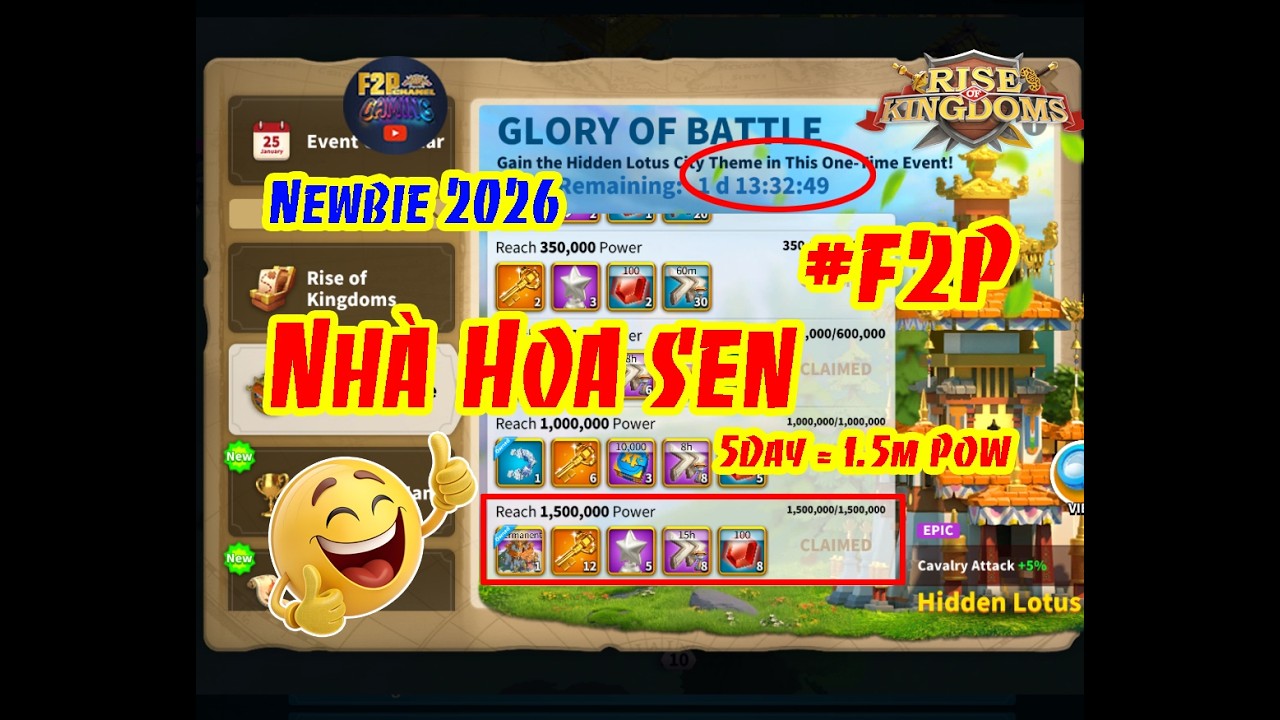 🔴Newbie 2026 | F2P lấy NHÀ HOA SEN | 5day có 1.5M POWER | Gaveaway code ROK #riseofkingdoms #games