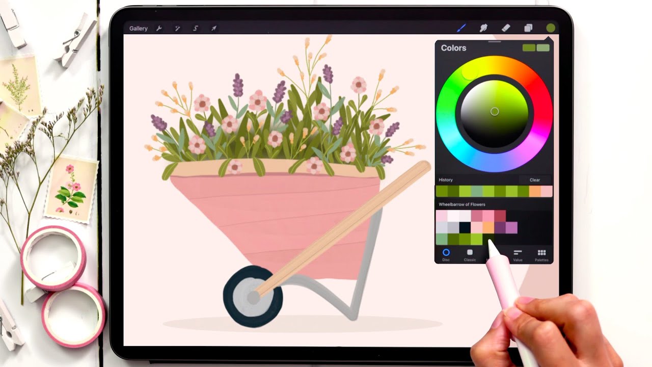 Нарисуйте гуашью тачку с цветами в Procreate.