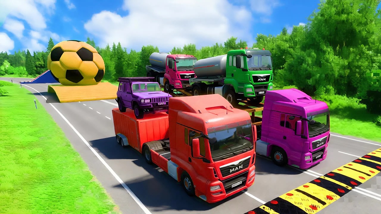 Flatbed Trailer McQueen Transportation with Truck - Speedbumps vs Cars vs Train - BeamNG.Drive #10