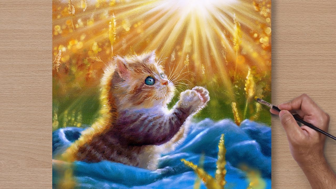 Happy Kitten playing with Sunrays / Acrylic Painting /STEP BY STEP #82