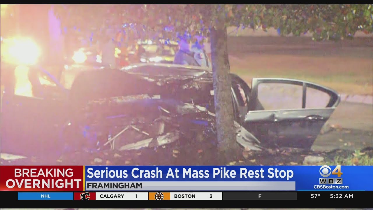 Car crushed after slamming into back of tanker truck at Mass Pike rest stop in Framingham