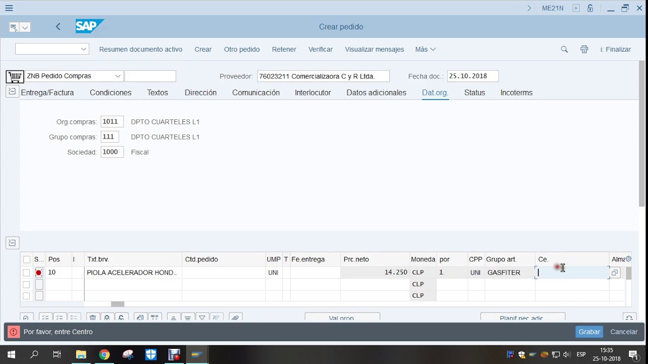 ME21N pedido de compra  MAT y liberación, LOGÍSTICA