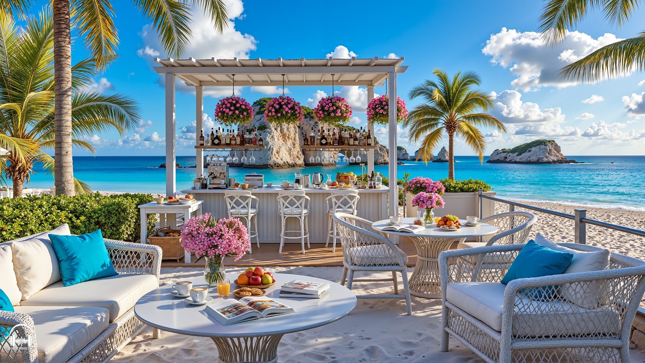 Seaside Coffee Shop Ambience with Positive Bossa Nova Jazz Music & Ocean Wave Sounds for Great moods