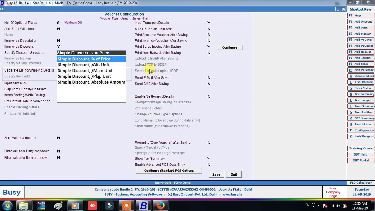 Discount columns in sales invoice in  busy accounting software