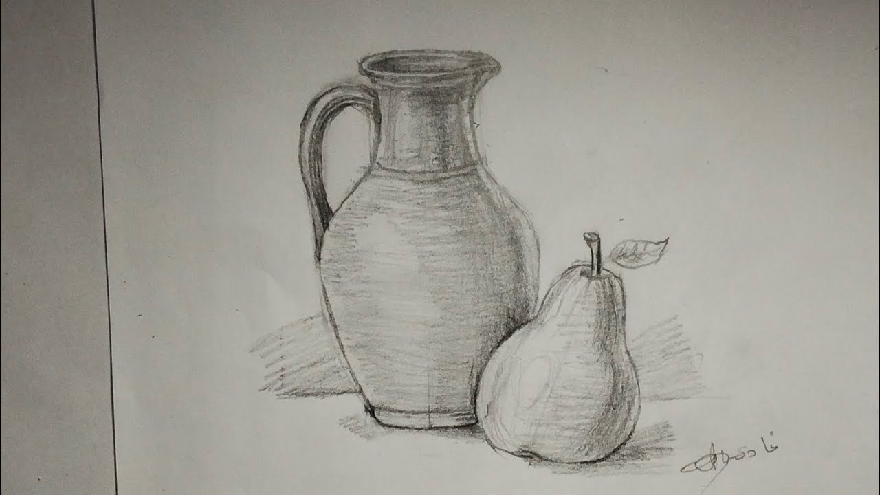 تعليم رسم إبريق وكمثرى بالقلم الرصاص | Still Life Pencil Drawing