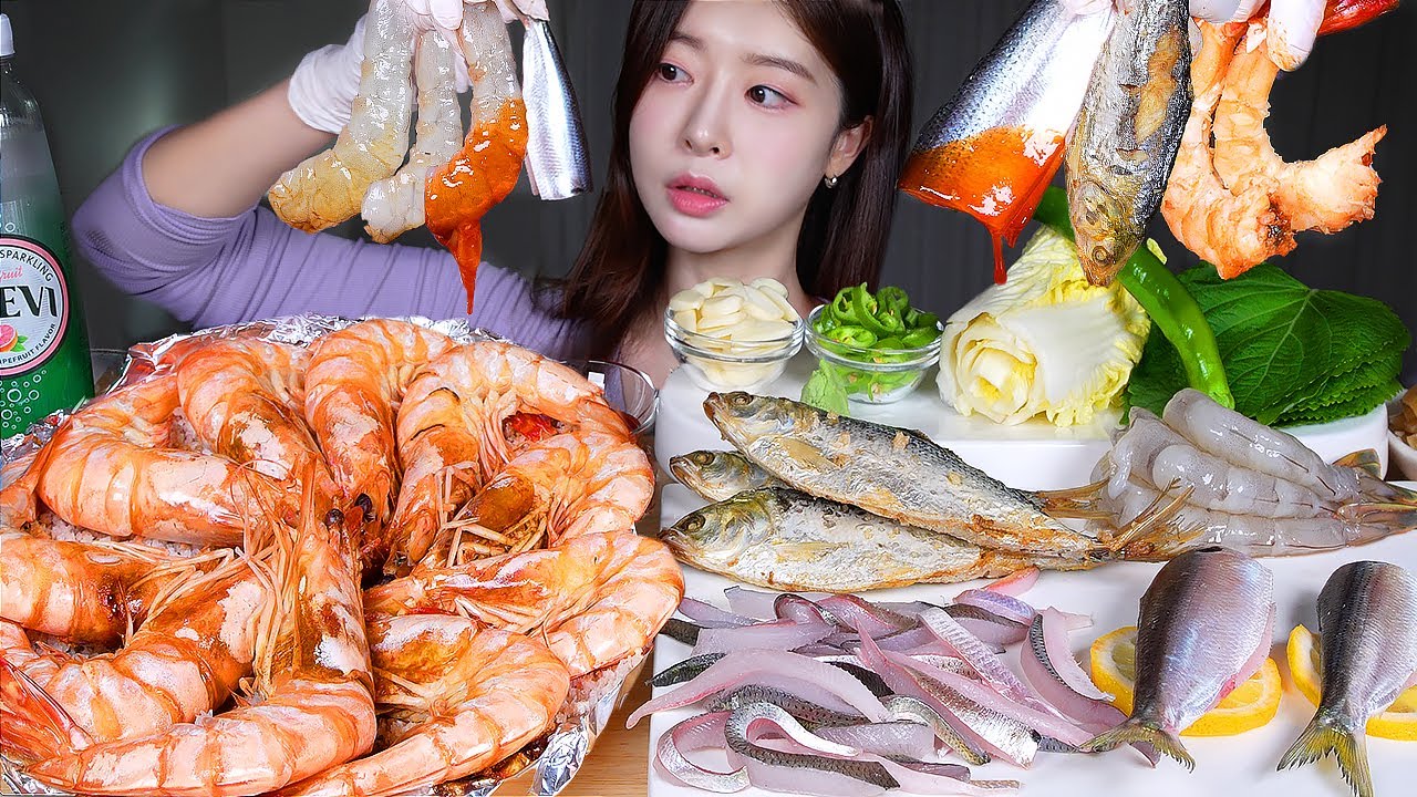 АСМР МУКБАНГ | Креветки-гриль и рыба-гриль 🦐🐟 Сашими из сырых креветок и сырой рыбы