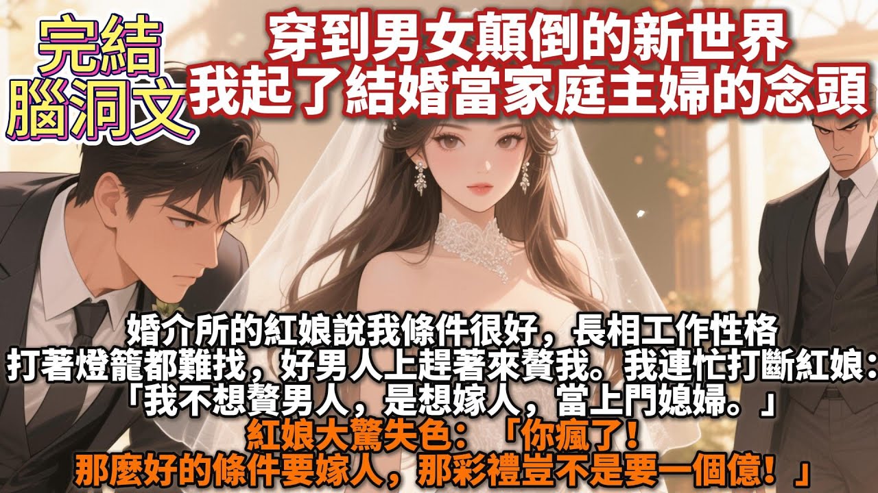 完結腦洞文：穿到男女顛倒的新世界，我起了結婚當家庭主婦的念頭。婚介所的紅娘說我條件很好，長相工作性格打著燈籠都難找，好男人上趕著來贅我。我連忙打斷紅娘：我不想贅男人，是想嫁人，當上門媳婦。紅娘大驚失色