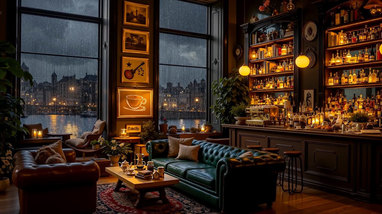 Rainy Jazz Piano at Cozy Bookstore Coffee Shop 🌧️ Relaxing Jazz Instrumental for Stress Relief
