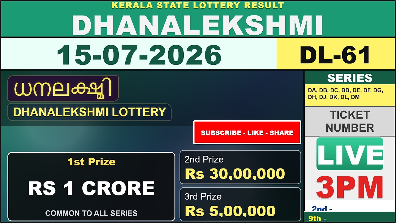 Kerala Lottery Result Live | DHANALEKSHMI DL-61 Draw on 15/07/2026 | Today Kerala State Lottery Live