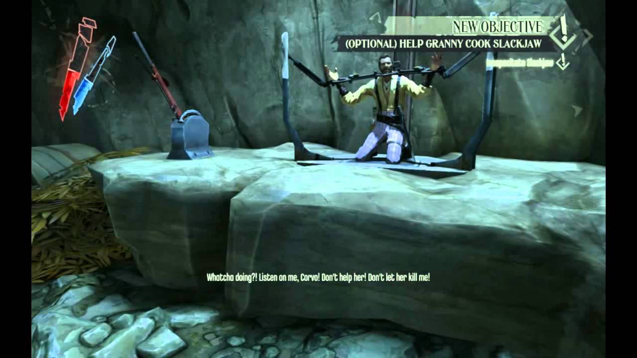 Dishonored PC - Helping Granny Rags with her stew.