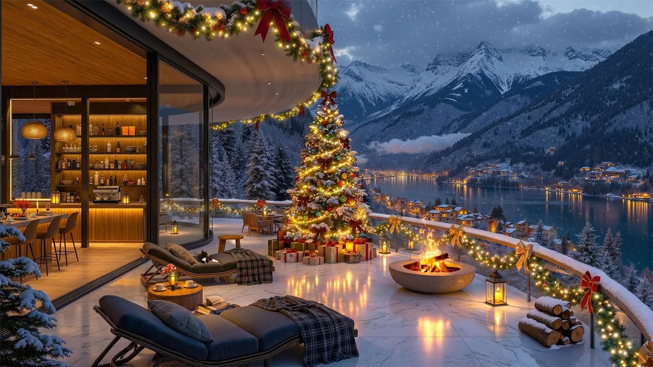 Warm & Soothing Christmas Jazz 🎄 Luxury Snowy Mountain Caf&eacute; & Cozy Ambience for Calm Festive Nights☕