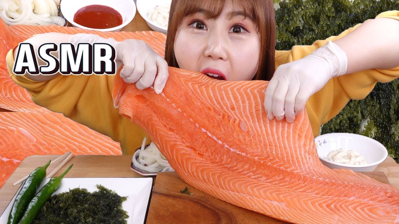 ASMR｜연어는 한입 듬뿍 먹어야 제맛이죠!! 연어회 먹방, 연어초밥, 바다포도 asmr, 리얼사운드