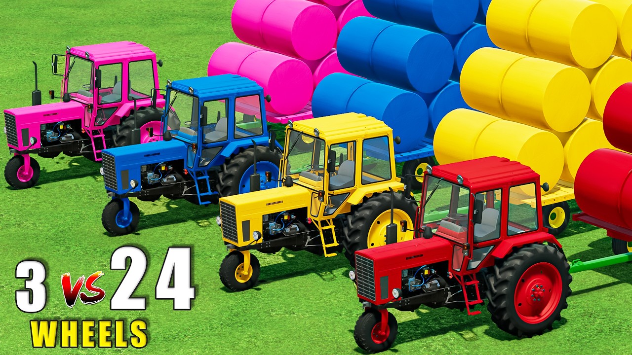 EPIC COLOR TRACTORS! 3 WHEELS vs 24 WHEELS CHALLENGE with MTZ & MAN TRUCKS! BALE TRANSPORT!