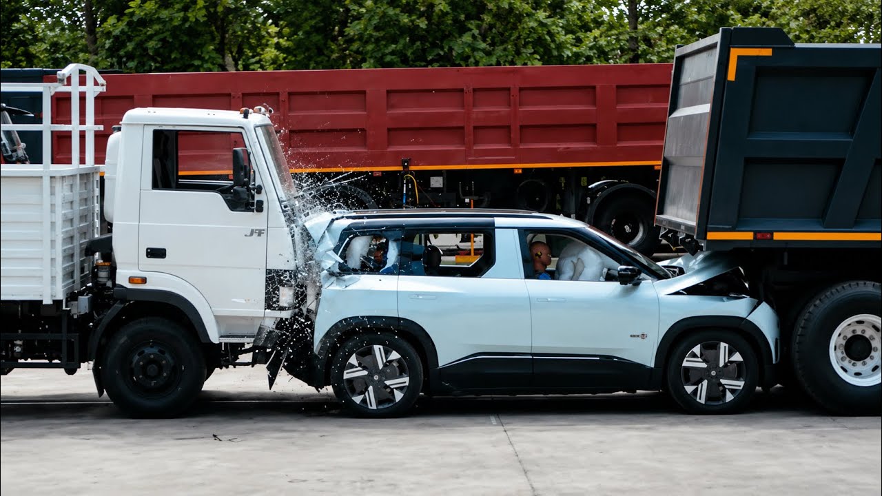 Tata Sierra EV Crash Test 😱 | Between Two Trucks! 🔥 Real Safety Demonstration