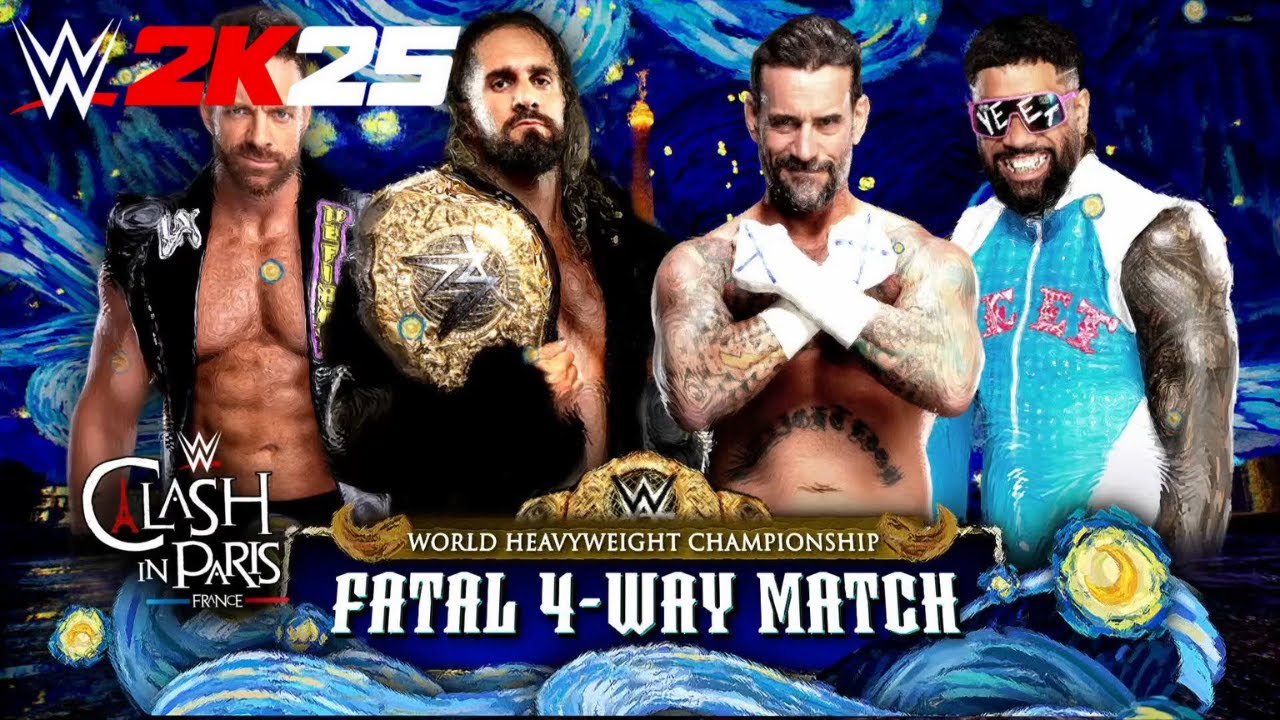 Clash in Paris Seth Rollins vs. CM Punk vs. Jey Uso vs. LA Knight WWE 2K25 Gameplay