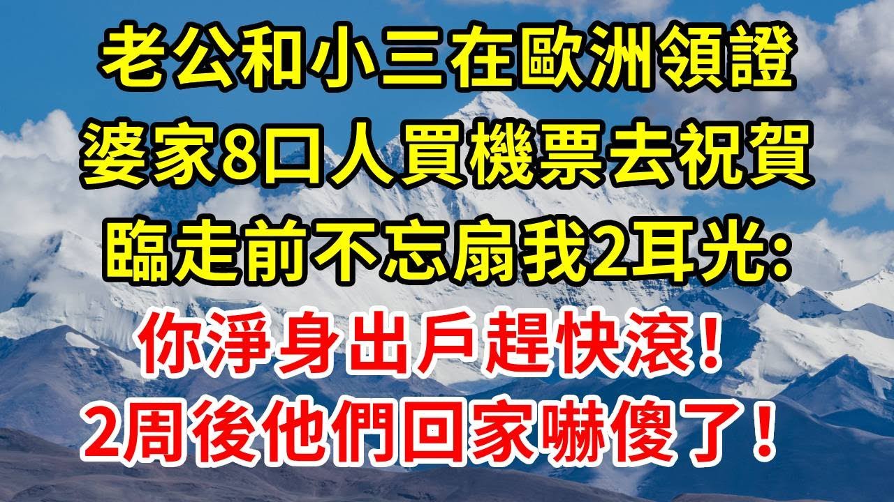 老公和小三在歐洲領證，婆家8口人買機票去祝賀，臨走前不忘扇我2耳光:你淨身出戶趕快滾！2周後他們回家嚇傻了！#情感 #正能量 #故事分享 #故事頻道 #人生感悟