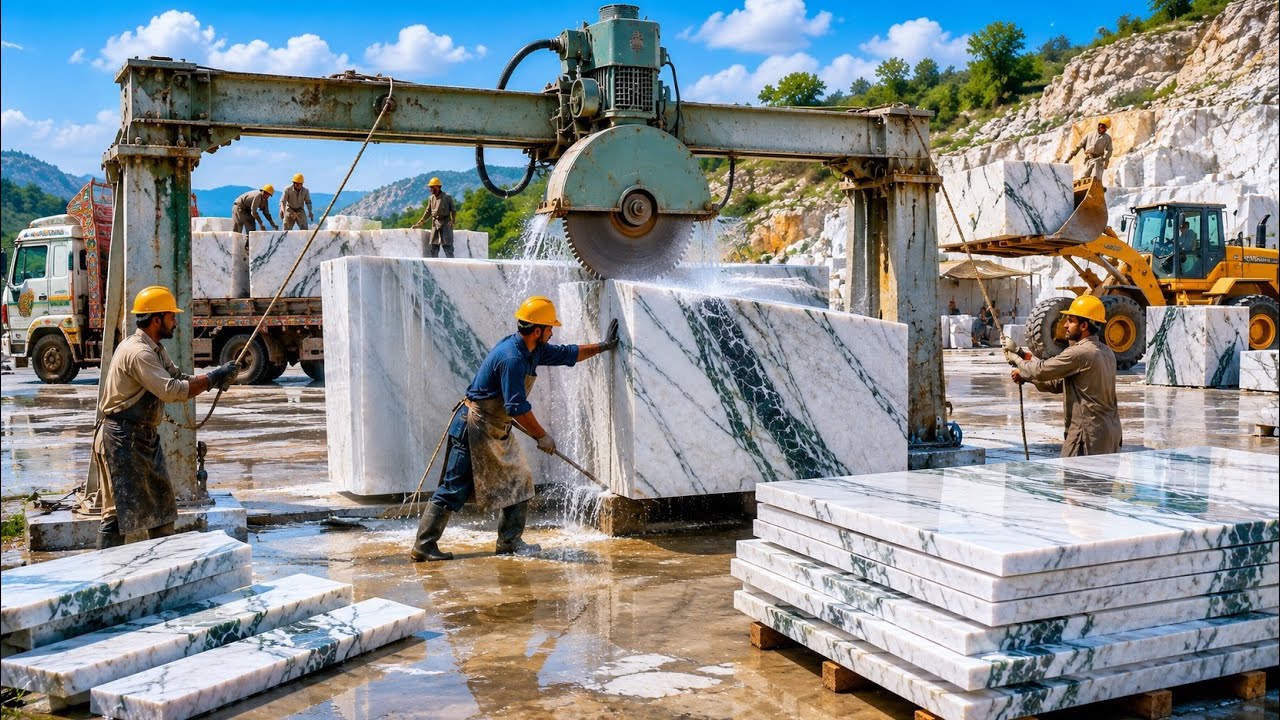 🔥 Extreme Giant Stone Cutting Process in Pakistan | Powerful Marble Factory Machines at Work ⚙️