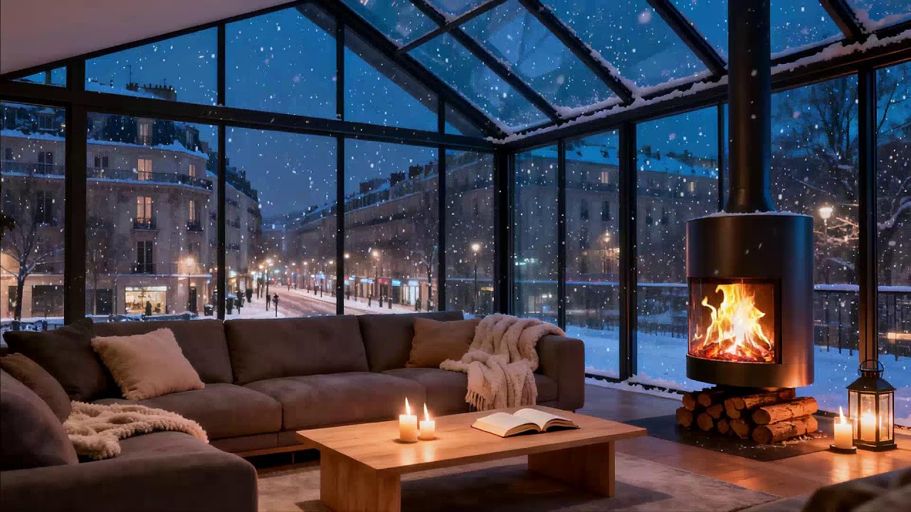 City Snow Beyond the Windows 🔥 Modern Hearth Glow and Evening Peace