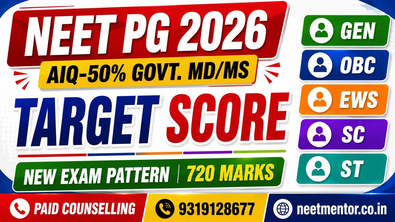 Целевой балл NEET PG 2026 для 50% квоты AIQ в государственных вузах (MD/MS) | GEN OBC EWS SC ST |...