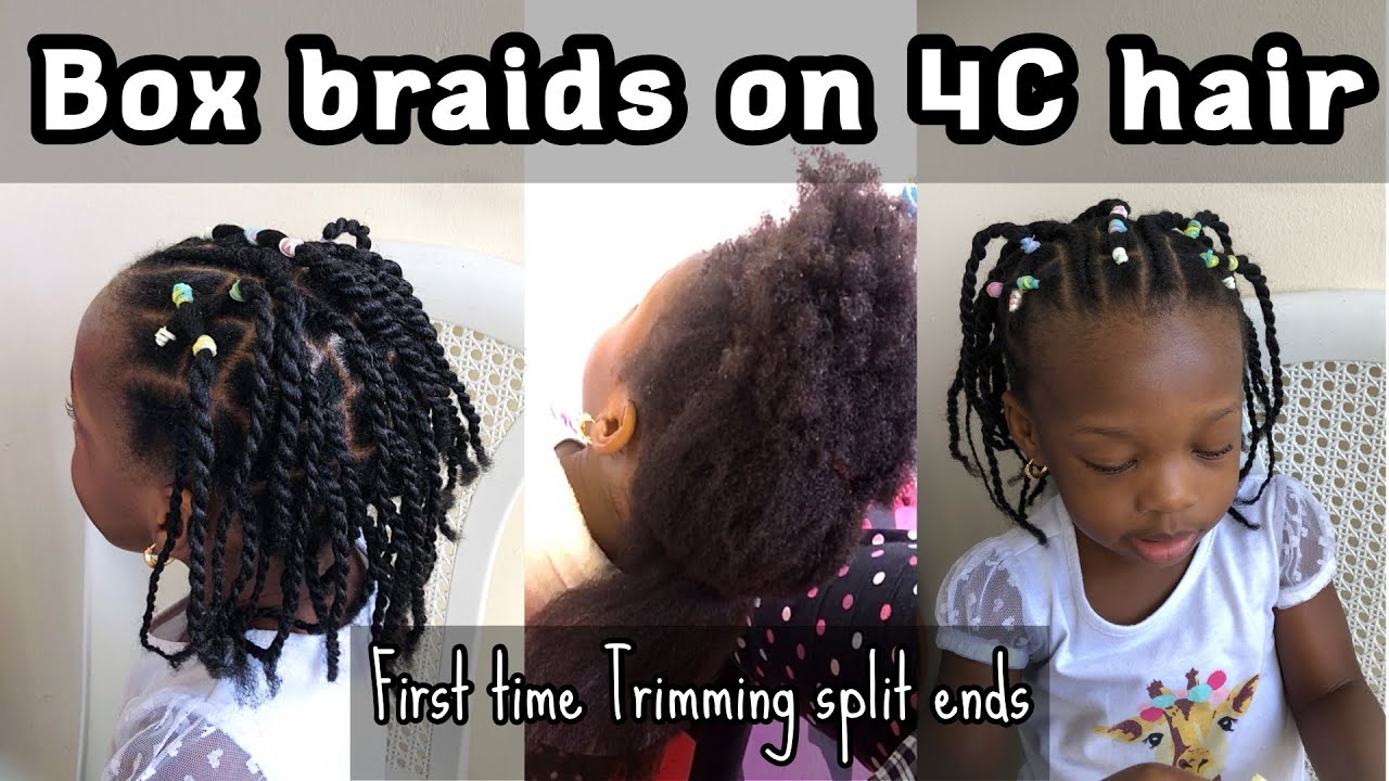 How to make a box braid on 4c hair for toddlers+trimming off split ends for the first time