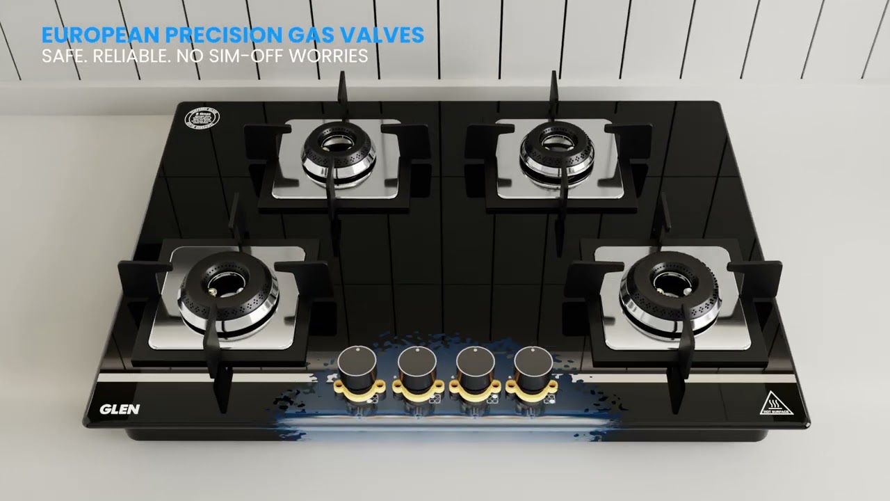 Glen 4 Burner Glass Hob Top | Italian Double Ring Burners | Auto Ignition | BH 1074 SQ HT IN 70