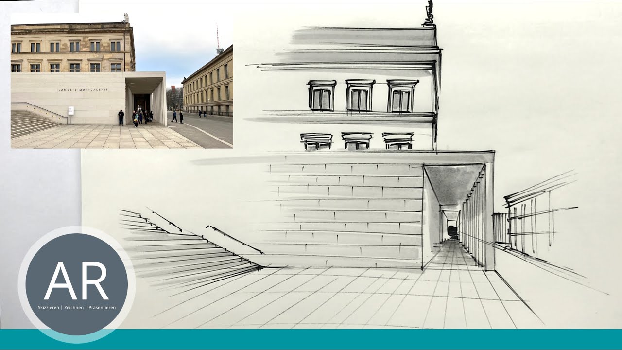 Architektur zeichnen nach Foto. James Simon Galerie Berlin zeichnen. Beispiel Mappenkurs Architektur
